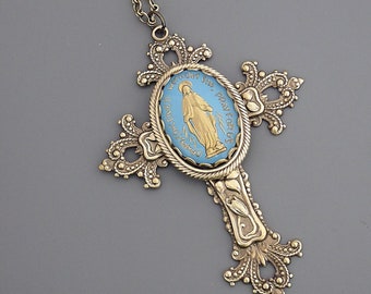 Vintage Brass Cross Necklace: Blue Mother Mary Cameo, Religious Jewelry