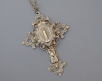 Vintage Jewelry - Large Cross Necklace - Mother Mary Necklace - Catholic Necklace - Brass Necklace - Chloe's Vintage Jewelry