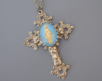 Vintage Jewelry - Large Cross Necklace - Blue Mother Mary Necklace - Catholic Necklace - Brass Necklace - Chloe's Vintage Jewelry