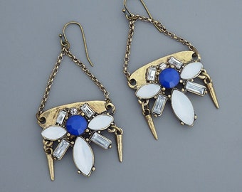 Vintage Jewelry - Art Deco Inspired Earrings - Crystal Earrings - Blue Earrings - One of a Kind Earrings - Brass Dangle Earrings - Chloe's