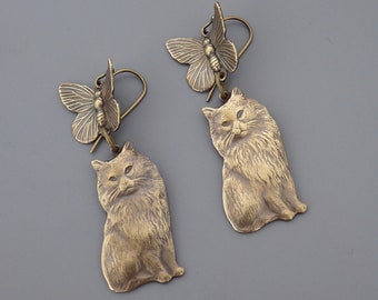 Vintage Jewelry - Vintage Earrings - Cat Earrings - Butterfly Earrings - Brass Earrings - Drop Earrings - Chloes Vintage Jewelry