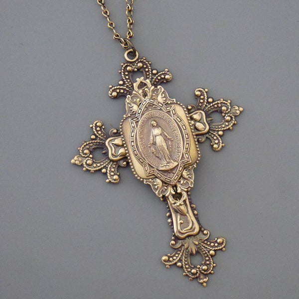 Vintage Jewelry - Large Cross Necklace - Mother Mary Necklace - Catholic Necklace - Brass Statement Necklace - Chloe's Vintage Jewelry