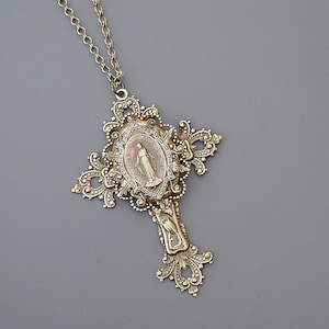 Vintage Brass Cross Large Necklace: Mother Mary Catholic Pendant