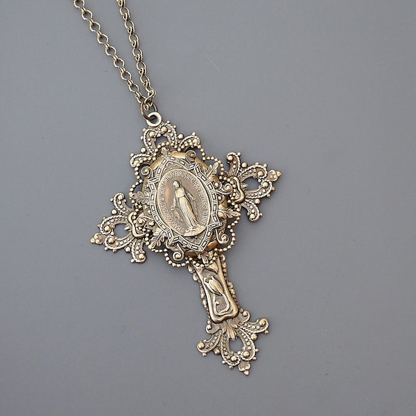 Vintage Jewelry - Large Cross Necklace - Mother Mary Necklace - Catholic Necklace - Brass Necklace - Chloe's Vintage Jewelry