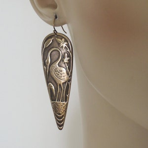 Vintage Earrings - Art Deco Earrings - Statement Earrings - Heron Jewelry - Bird Earrings - Cute Earrings - Brass Earrings - handmade