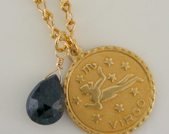 Vintage Necklace - Virgo Jewelry - Personalized Jewelry - Brass Necklace - Sapphire Necklace - Virgo Birthstone - handmade jewelry