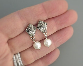 Vintage Art Deco Pearl Stud Earrings: Silver Crystal Jewelry