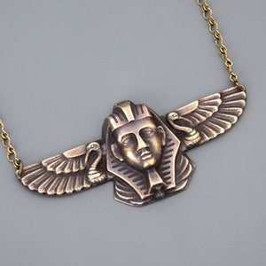 Vintage Egyptian Revival Necklace: Brass Pharaoh & Scarab Pendant