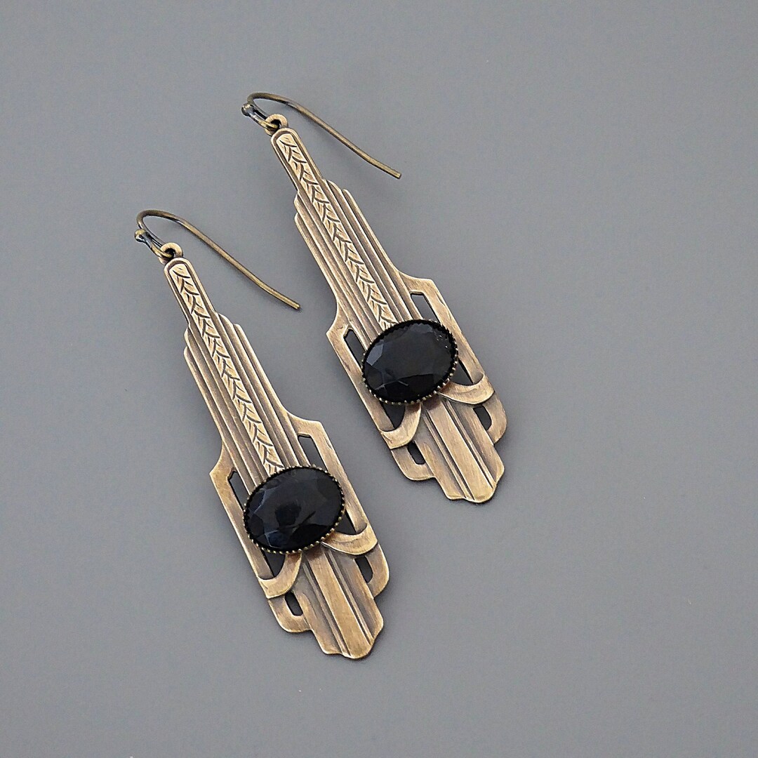 Vintage Art Deco Style Earrings - Clip-on Or Studs - Black & Green Rhinestone Crystal, Brass Plated