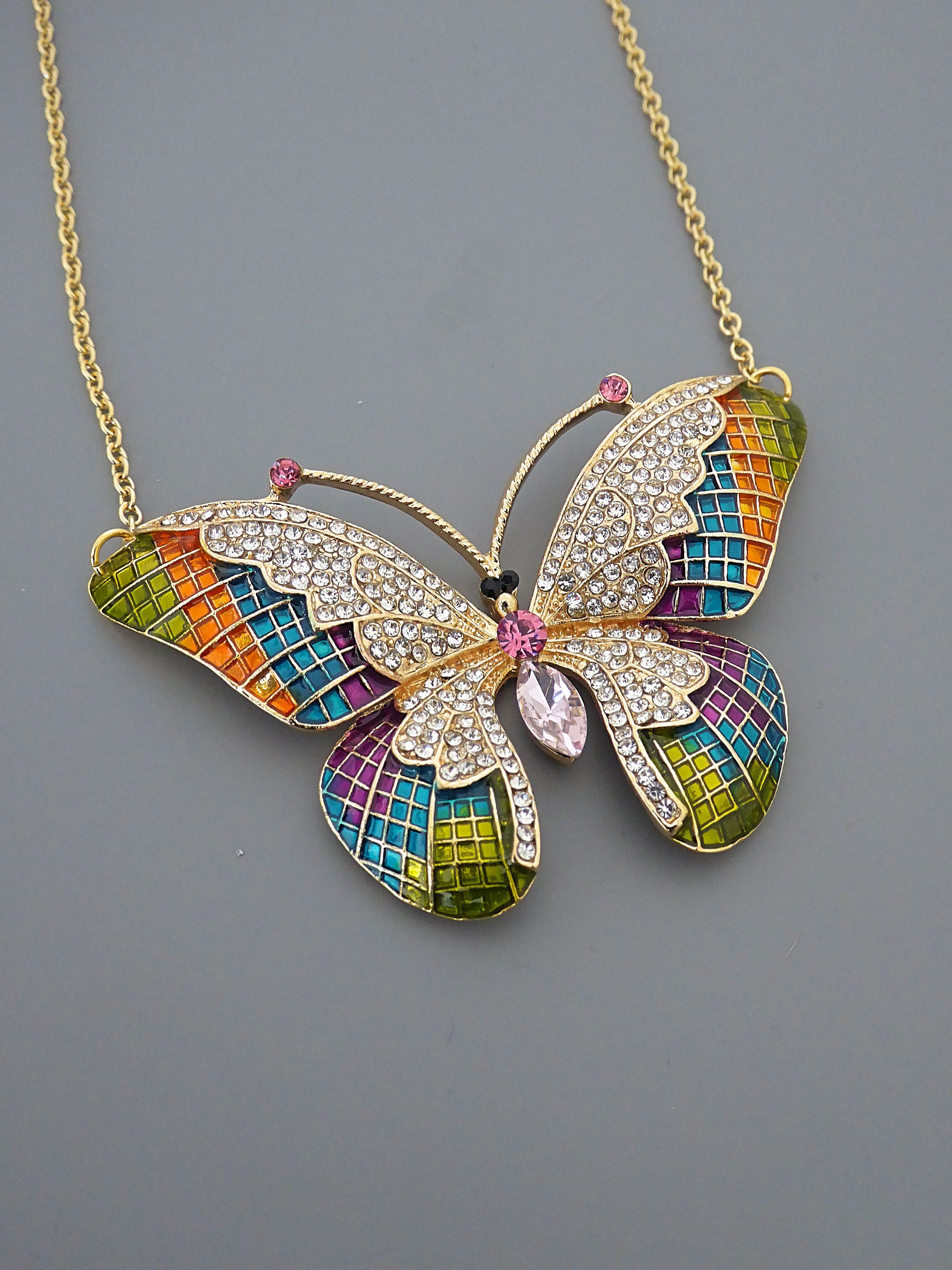 Statement Necklace - Vintage Inspired Necklace - Butterfly Necklace - Gold Necklace - Colorful Necklace - Crystal Necklace