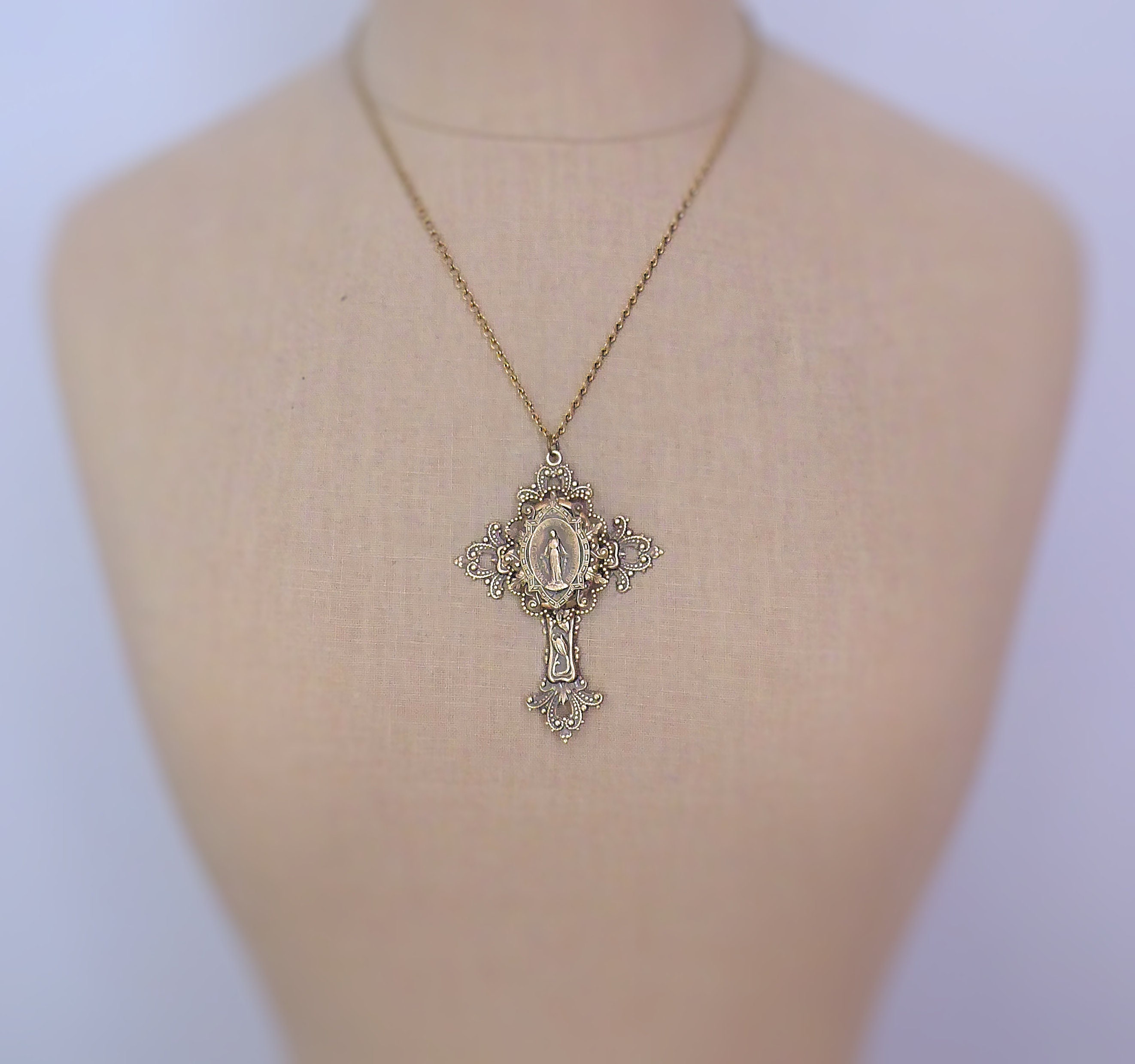 Vintage Jewelry - Large Cross Necklace - Mother Mary Necklace - Catholic Necklace - Brass Necklace - Chloe&#39;s Vintage Jewelry