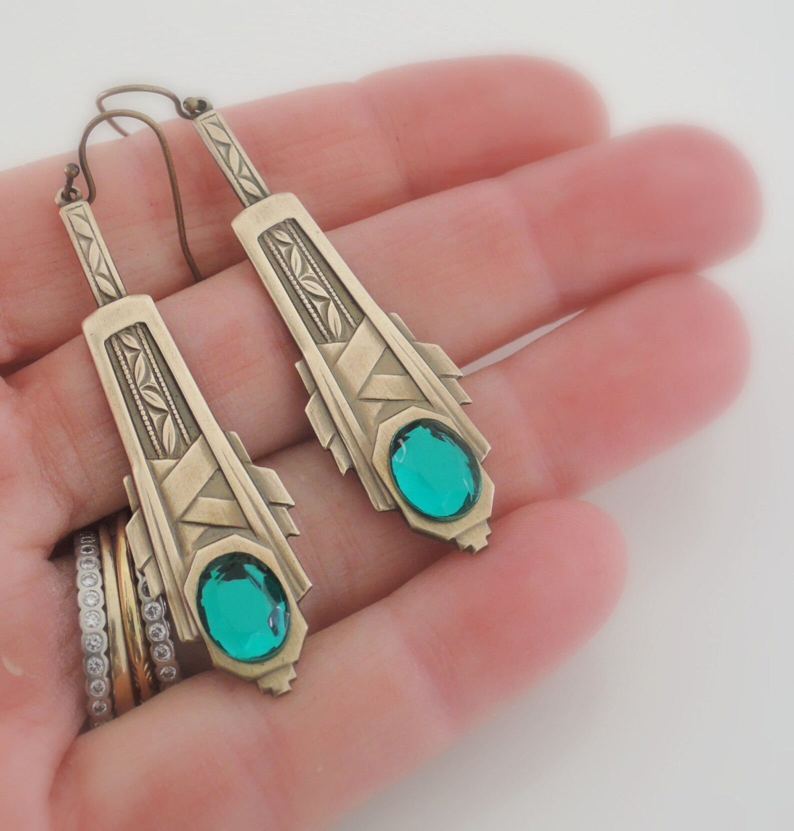 Vintage Jewelry Art Deco Drop Earrings Emerald Green Etsy