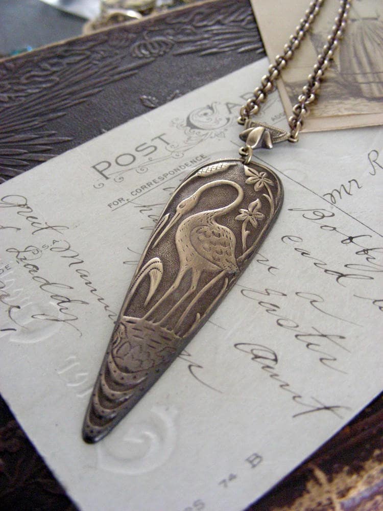 Vintage Jewelry - Art Deco Necklace - Heron jewelry - Bird Necklace -…