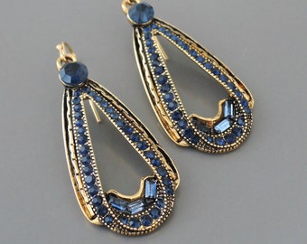 Vintage Jewelry - Art Deco Drop Earrings - Vintage Inspired - Gold Earrings - Sapphire Blue Earrings - Crystal Earrings - Bridal Earrings