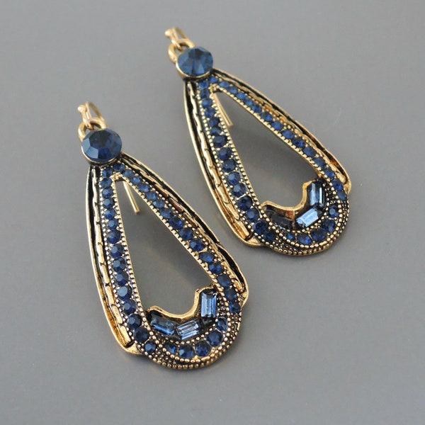 Vintage Jewelry - Art Deco Drop Earrings - Vintage Inspired - Gold Earrings - Sapphire Blue Earrings - Crystal Earrings - Bridal Earrings