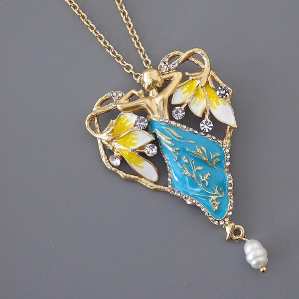 Vintage Jewelry - Art Nouveau Inspired Necklace - Feminine Necklace - Crystal Necklace - Turquoise Necklace - Gold Necklace -Chloe's Jewelry