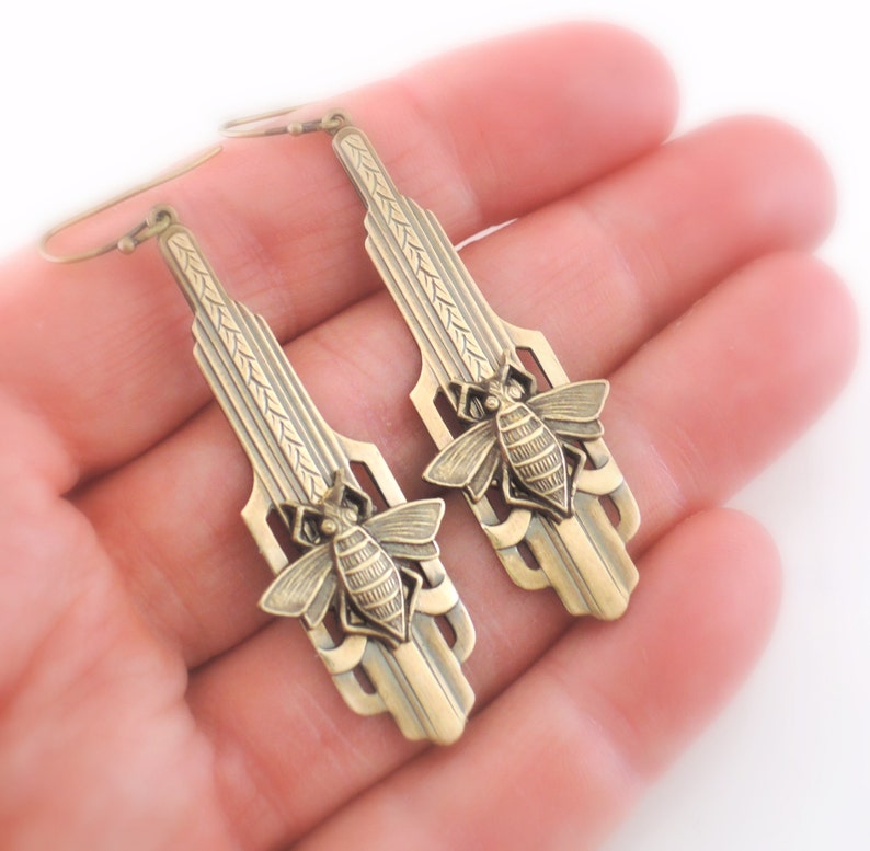 Vintage Jewelry Art Deco Earrings Brass Bee Earrings Vintage Earrings Bee Earrings Insect Jewelry Cute Earrings Drop Earrings image 3