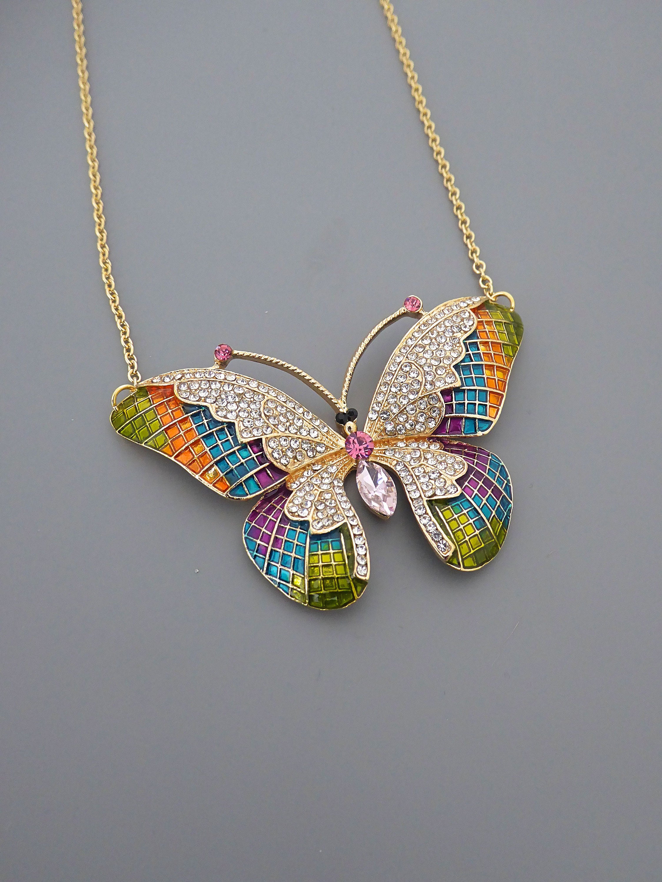 Statement Necklace - Vintage Inspired Necklace - Butterfly Necklace - Gold Necklace - Colorful Necklace - Crystal Necklace