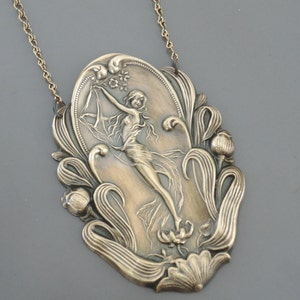 Vintage Art Nouveau Brass Necklace: Goddess Statement Jewelry