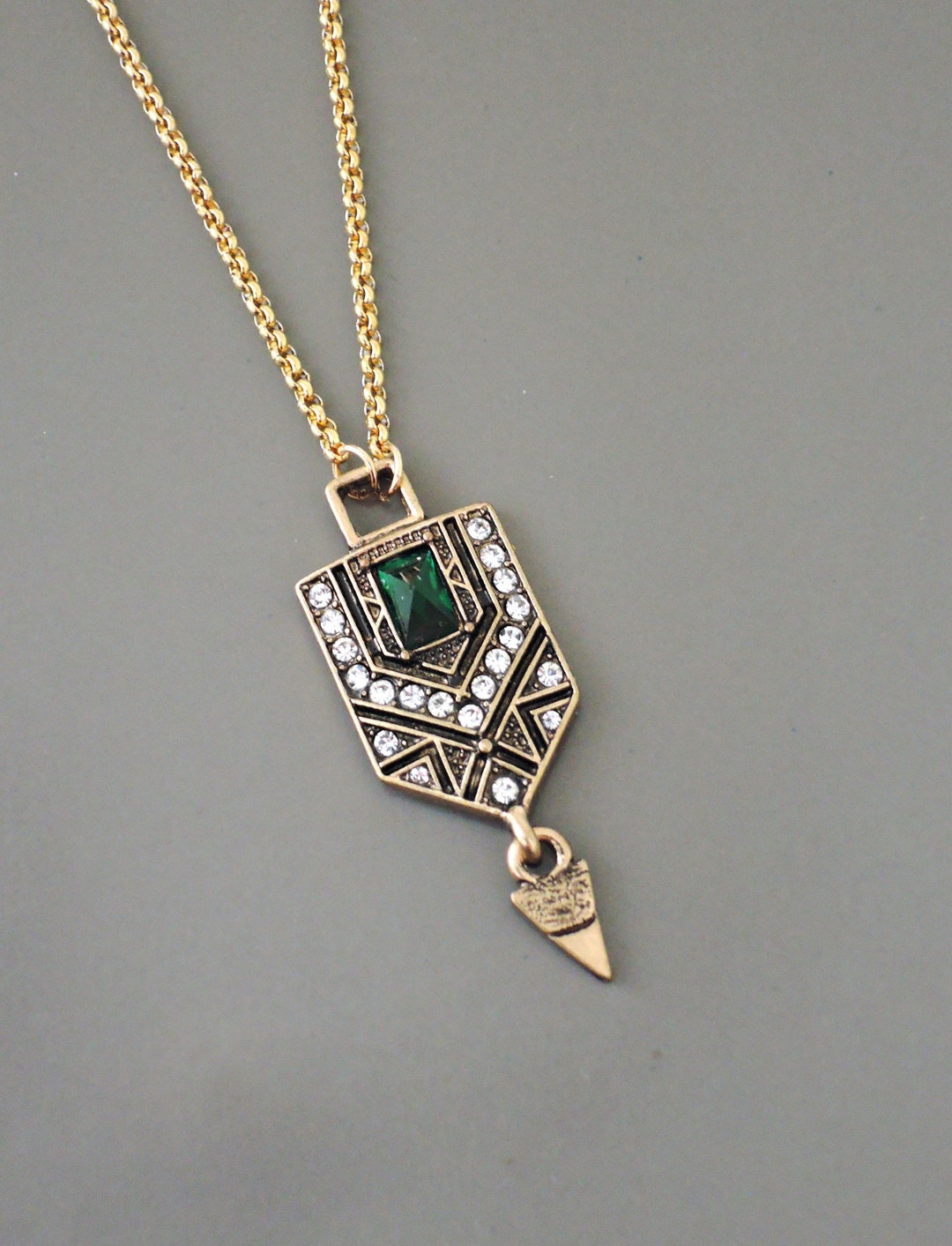 70s Vintage gold tone gothic design green cloisonne ware