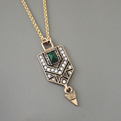Emerald Green Art Deco Necklace: Gold Plated Crystal Pendant Chloe's Vintage Jewelry