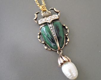 Art Deco Inspired Necklace - Gold Scarab Necklace - Green Scarab Necklace - Crystal Necklace - Chloe's Vintage handmade jewelry