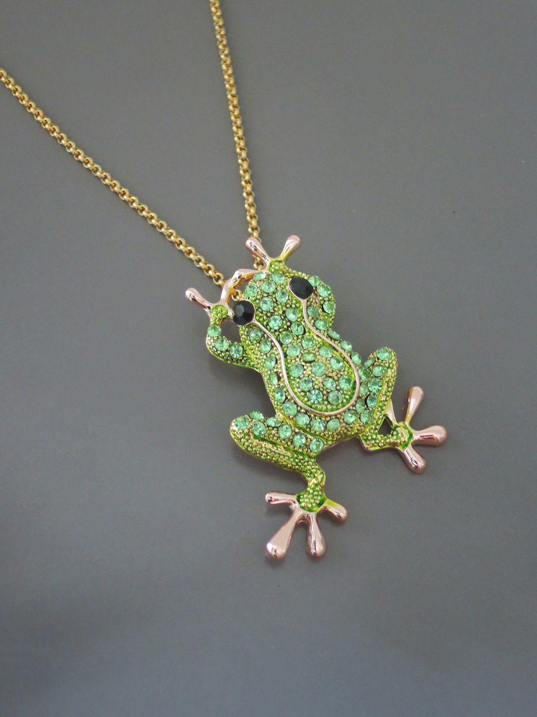 Vintage Inspired Necklace Frog Necklace Green Crystal Necklace Gold