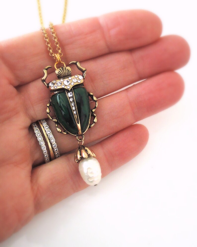 Art Deco Inspired Necklace Gold Scarab Necklace Green Scarab Necklace Crystal Necklace Chloe's Vintage handmade jewelry image 3