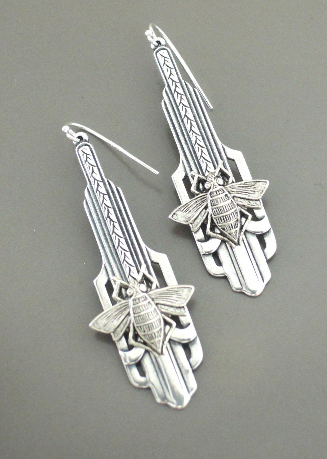 Vintage Jewelry - Art Deco Earrings - Honey Bee Earrings-  SILVER Ear…