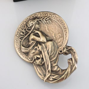 Vintage Brass Brooch: Art Nouveau Mucha Woman Jewelry