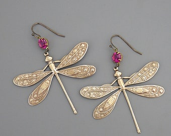 Vintage Jewelry - Vintage Rhinestone Earrings - Art Deco Earrings - Dragonfly Earrings - Pink Statement Earrings - handmade