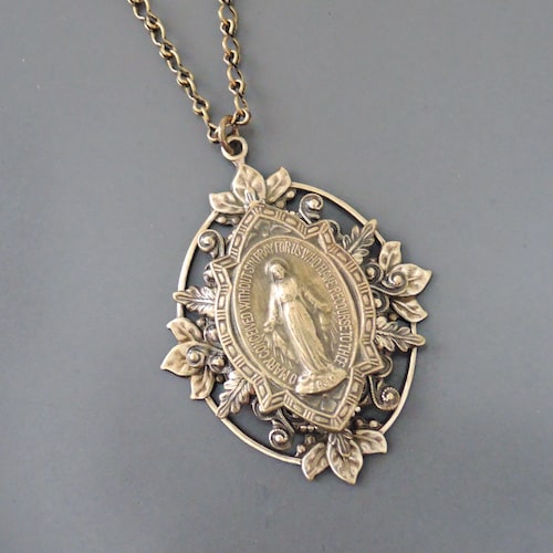 Vintage Brass Mother Mary Necklace: Catholic Spiritual Jewelry
