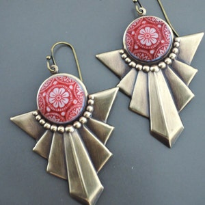 Vintage Earrings - Art Deco Earrings - Red Earrings - Vintage Brass Jewelry - Chevron Earrings - handmade earrings