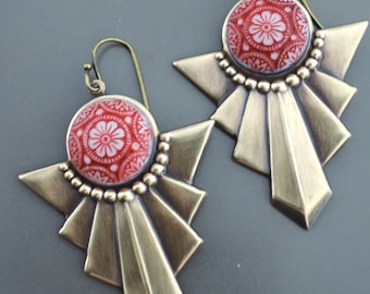 Vintage Earrings - Art Deco Earrings - Red Earrings - Vintage Brass Jewelry - Chevron Earrings - handmade earrings