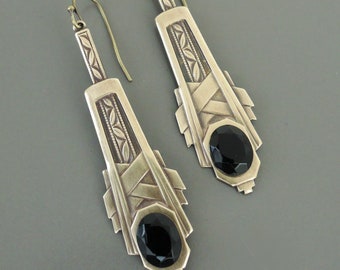 Art Deco Earrings - Vintage Earrings - Black Earrings - Brass Earrings - Bridesmaid Earrings - Chloes Vintage Jewelry - Handmade Jewelry