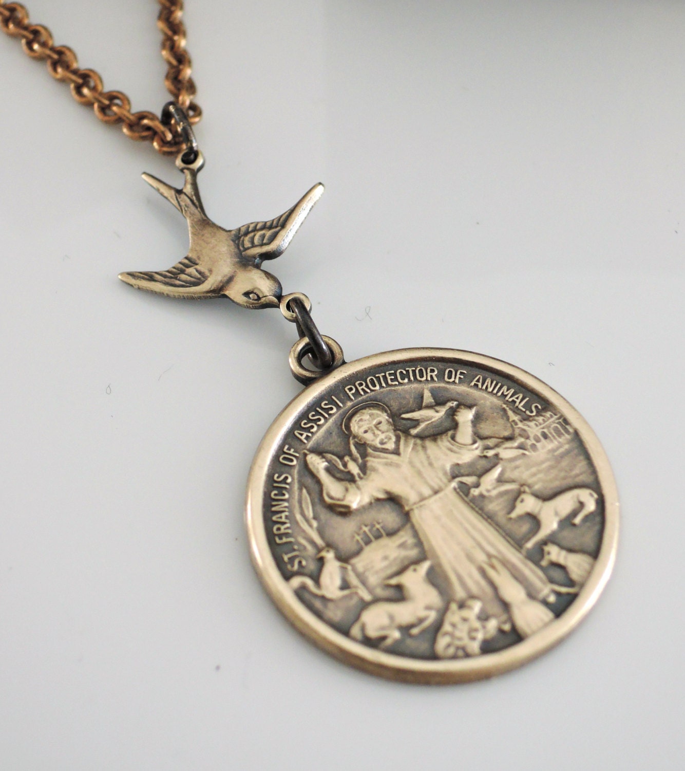 Vintage Jewelry - Vintage Necklace - Saint Francis necklace - Brass Necklace - Religious jewelry - Catholic necklace - handmade jewelry