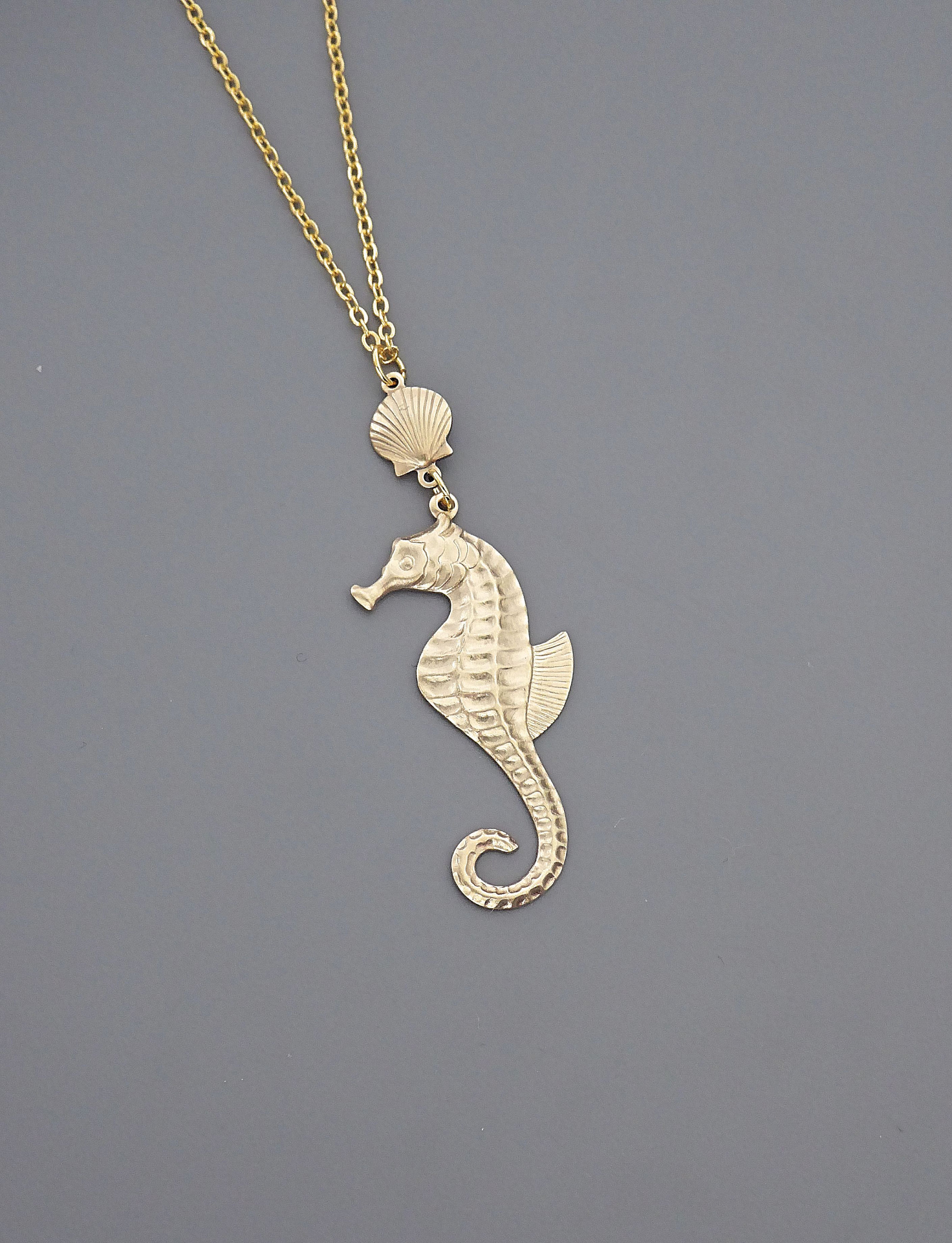 Vintage Jewelry - Seahorse Necklace - Gold Brass Necklace