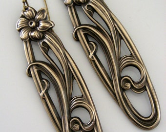 Vintage Art Nouveau Brass Flower Earrings: Long Floral Drops