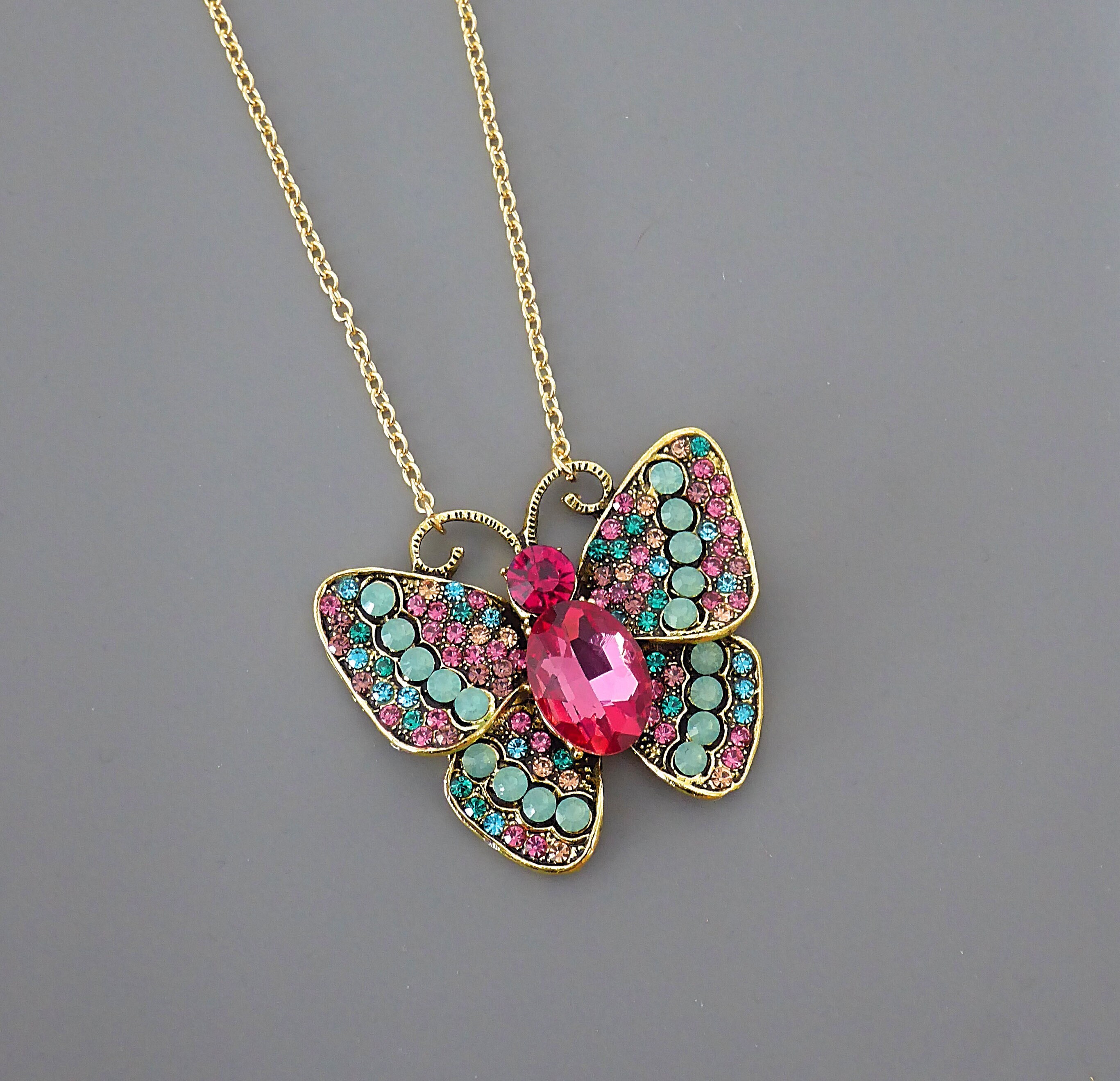 Statement Necklace - Crystal Necklace - Pink Crystal Butterfly - Gold Necklace- Colorful Necklace - Insect Jewelry