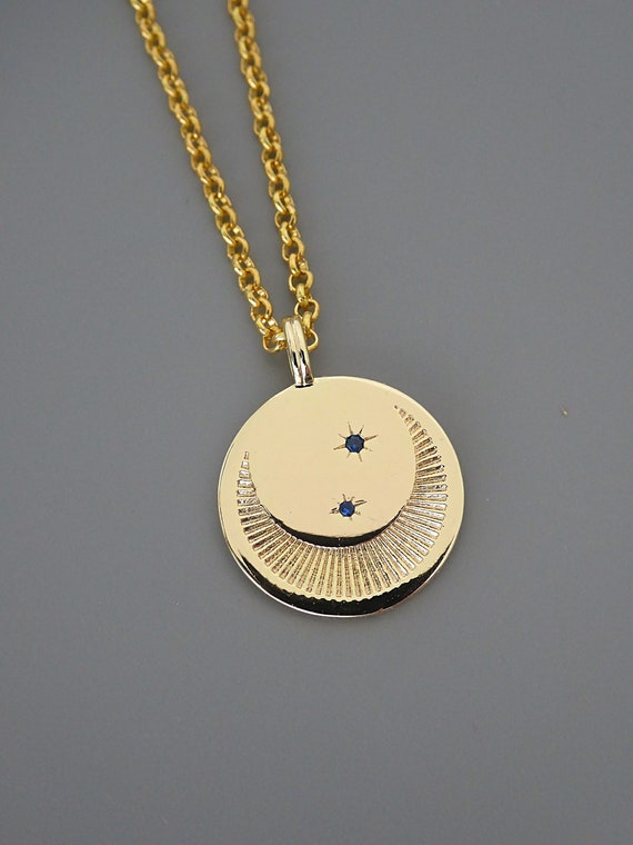 Vintage Inspired Crescent Moon Necklace: Gold Plated Sapphire Blue Stars