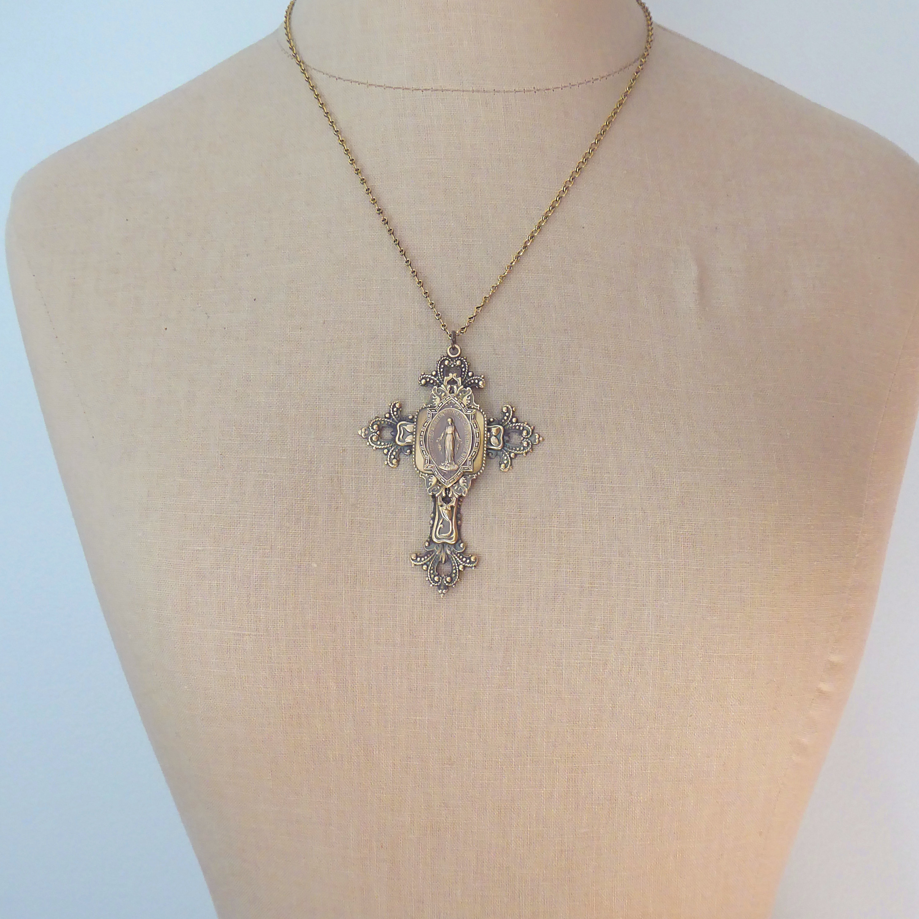 Vintage Jewelry - Large Cross Necklace - Mother Mary Necklace - Catholic Necklace - Brass Statement Necklace - Chloe&#39;s Vintage Jewelry