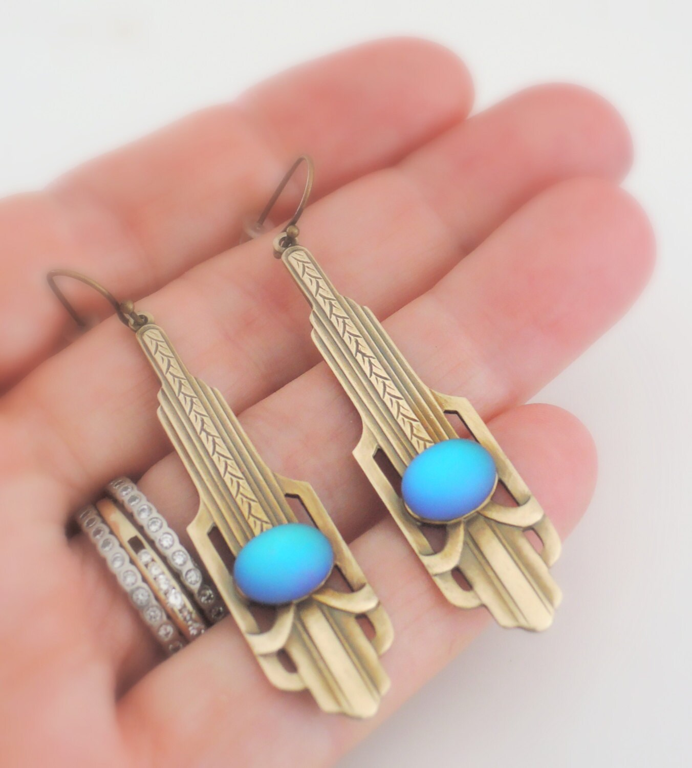 Vintage Jewelry Art Deco Drop Earrings Blue Opal Earrings Etsy