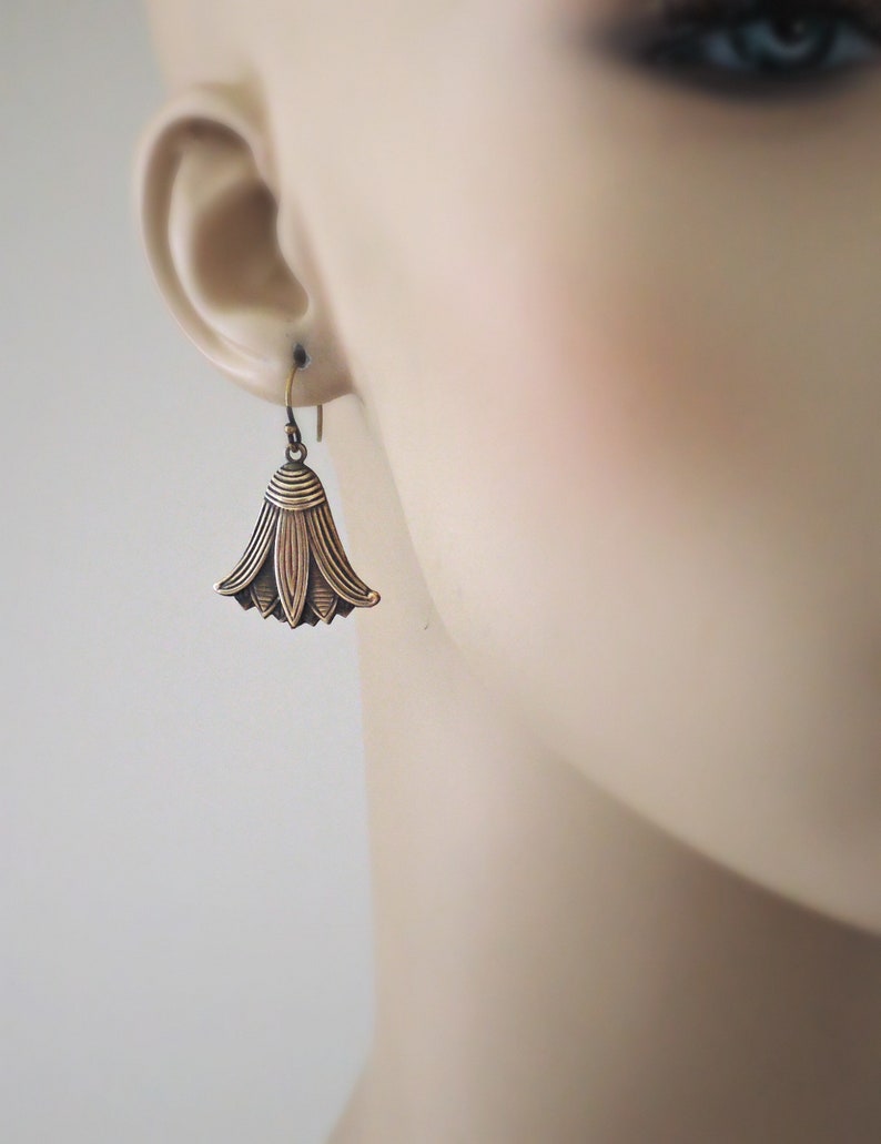 Handmade Jewelry Art Deco Egyptian Earrings Cute Earrings Lotus Flower Earrings Vintage Jewelry Brass Earrings Vintage Earrings