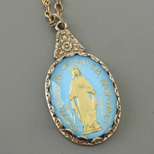 Vintage Jewelry - Vintage Necklace - Brass Necklace - Mother Mary Necklace - Blue Catholic Necklace - Religious Necklace - handmade jewelry