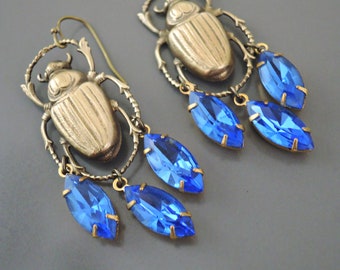 Vintage Jewelry - Vintage Earrings - Scarab Earrings - Egyptian Dangle Jewelry - Blue Earrings - Rhinestone Earrings - Brass Earrings