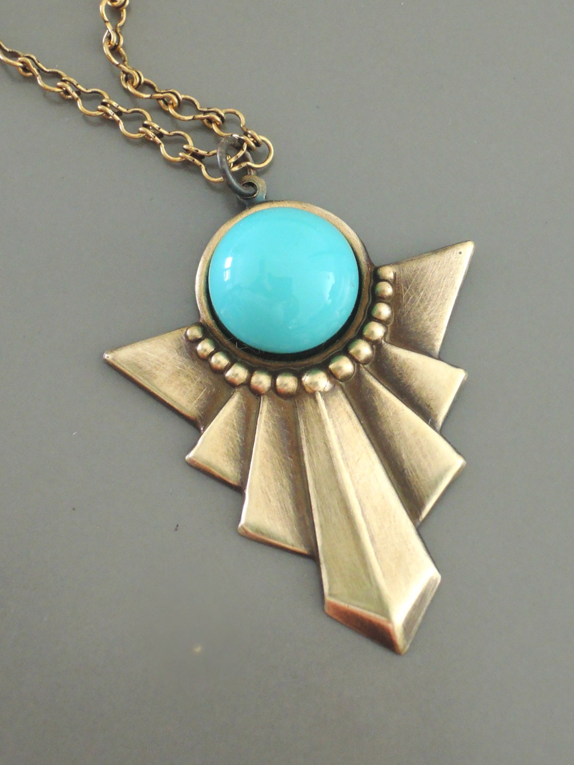 Collier Art Déco Doré Avec Cabochons Opaline Turquoise - Bijou Vintage Rare Et Stylé - Occasion