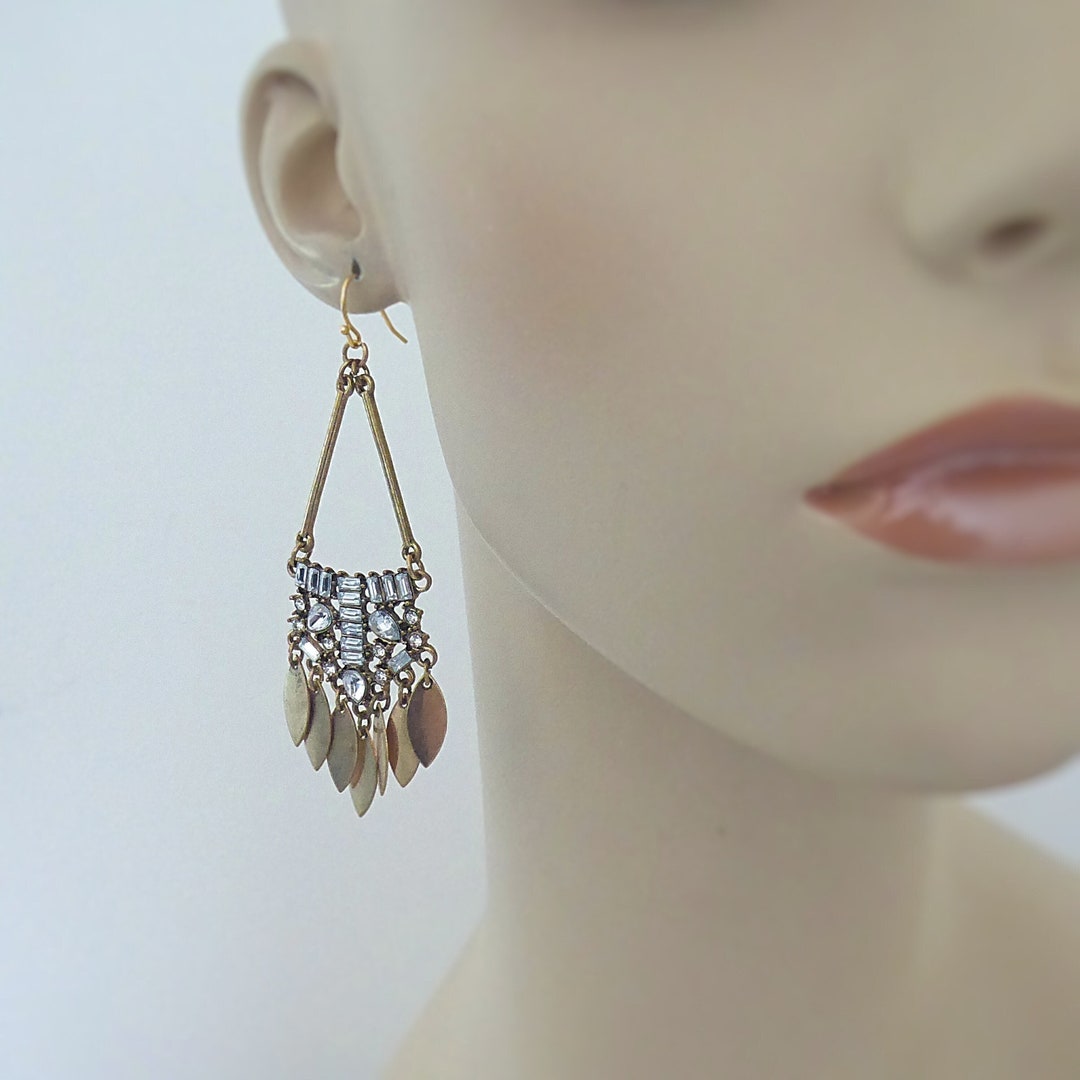 Vintage Jewelry Art Deco Inspired Earrings Gold Earrings Crystal