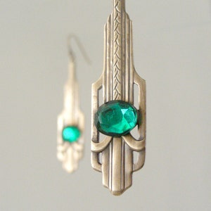 Vintage Jewelry - Art Deco Earrings - Vintage Earrings - Green Drop Earrings - Brass Earrings - Emerald Earrings - May Birthstone - handmade