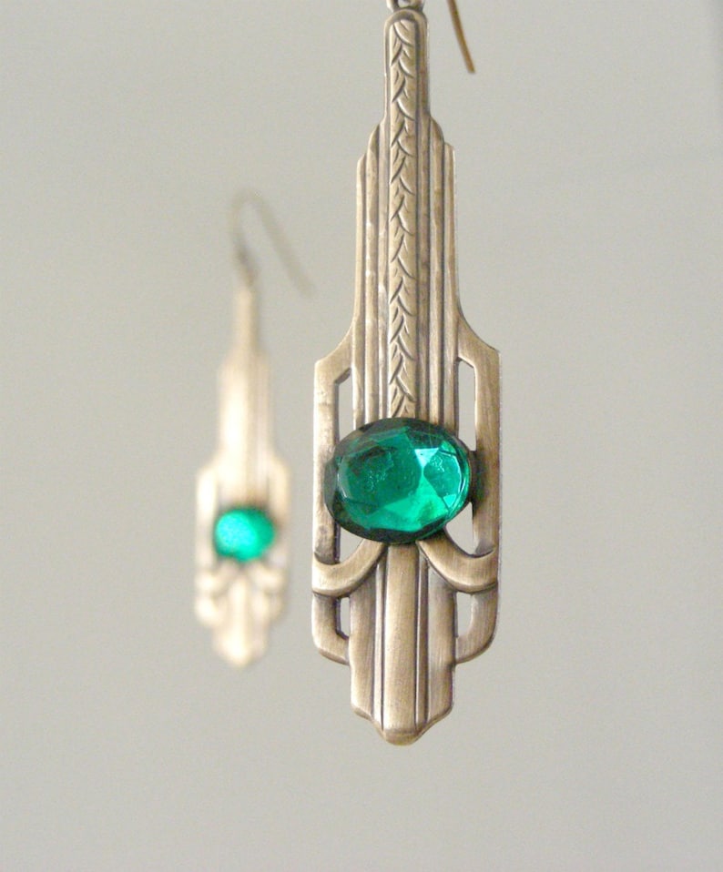 Vintage Jewelry - Art Deco Earrings - Vintage Earrings - Green Earrings - Brass Earrings - Emerald Earrings - May Birthstone - handmade 