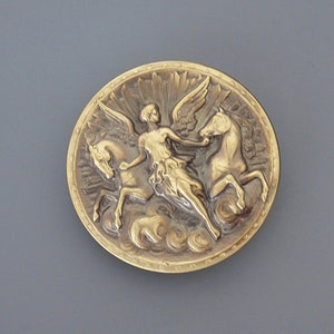 Vintage Art Nouveau Brass Brooch: Angel & Horses